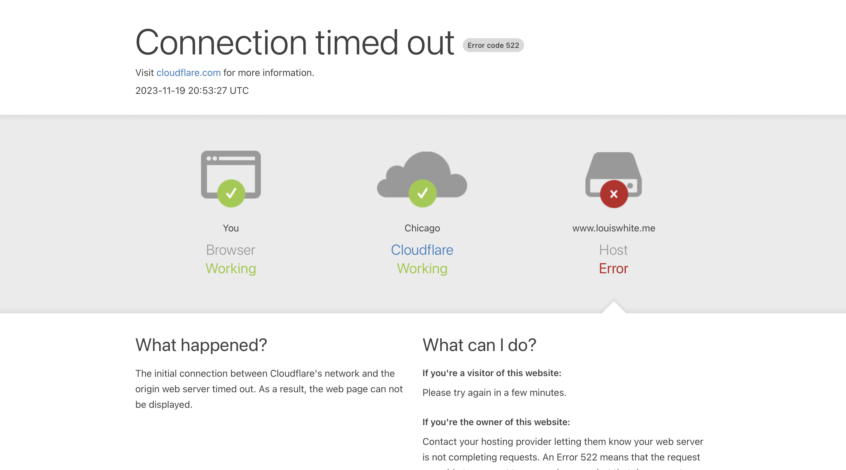 A "Connection timed out" status page from cloudflare